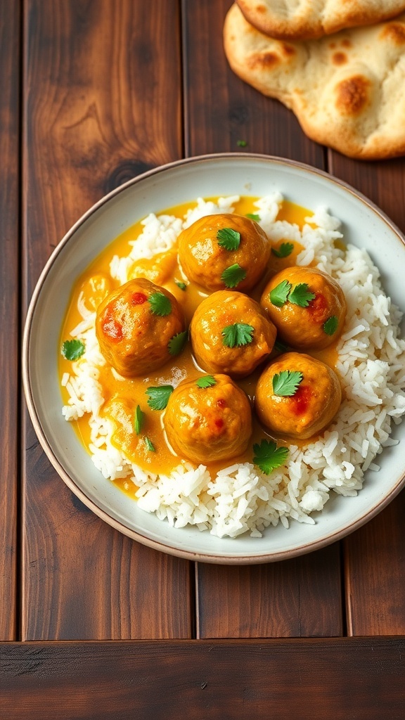 Chicken curry meatballs in coconut milk sauce served with rice and naan, garnished with cilantro.